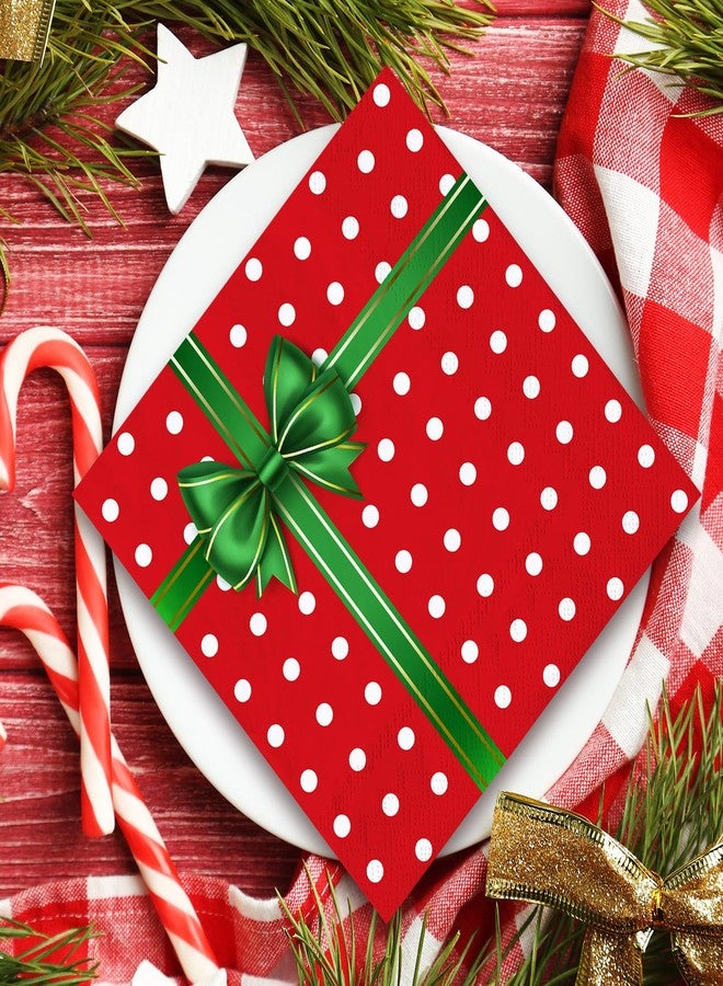 JarThenaAMCS مناديل ورقية من JarThenaAMCS، 80 قطعة، بنقاط، علبة هدايا، مناديل للاستخدام مرة واحدة، أحمر وأخضر، مزينة بعقدة فيونكة، علبة هدايا، مناديل غداء وعشاء، لوازم حفلات عيد الميلاد - Image 5